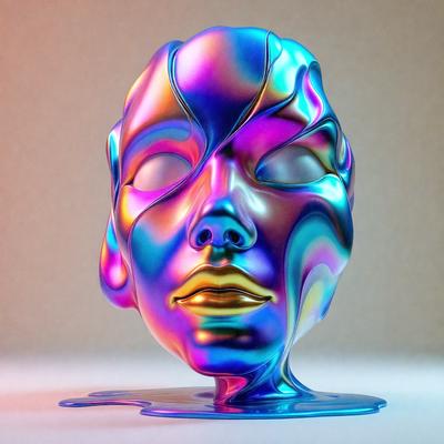 The primary subject of the image is a blue and purple sculpture of a face. The face is made of glass and has a unique and artistic design. The setting is a white background, which provides a clean and uncluttered environment for the sculpture. The visual style of the image is a combination of digital art and illustration, as the face appears to be a digital creation with a hand-drawn, artistic touch. The colors and mood of the image are vibrant and lively, with the blue and purple hues creating a sense of depth and visual interest.
